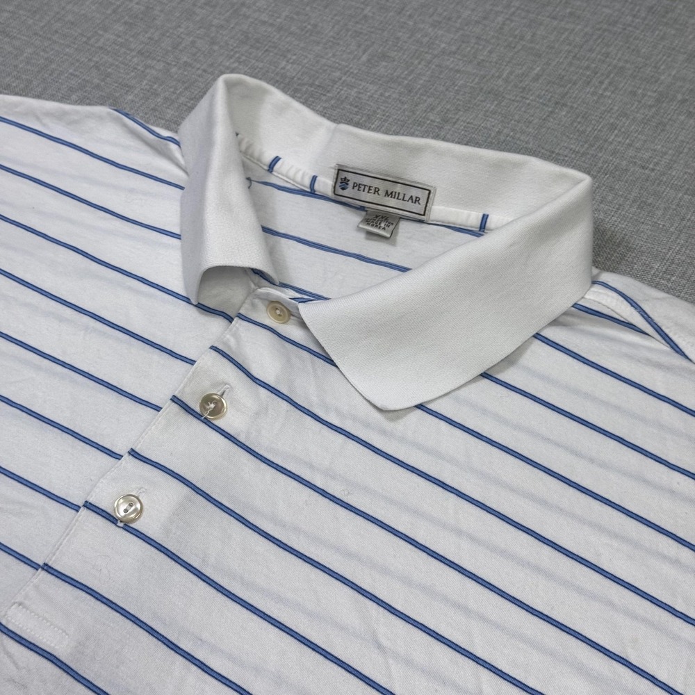 Peter Millar Golf Polo Shirt Mens 2XL White Blue Striped 100% Cotton Relaxed